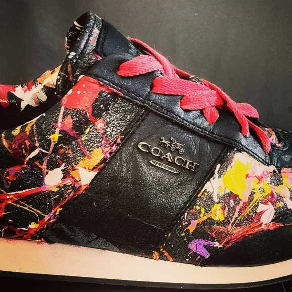 Women's COACH sneakers black with custom splatter design sz. 10B - Picture 1 of 5